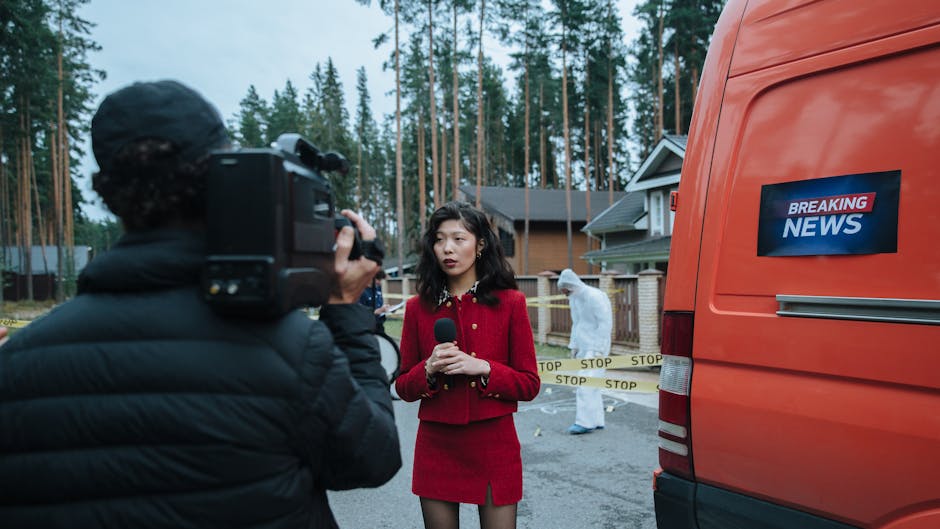 A reporter covering a crime scene outdoors with a cameraman and forensic specialist.
